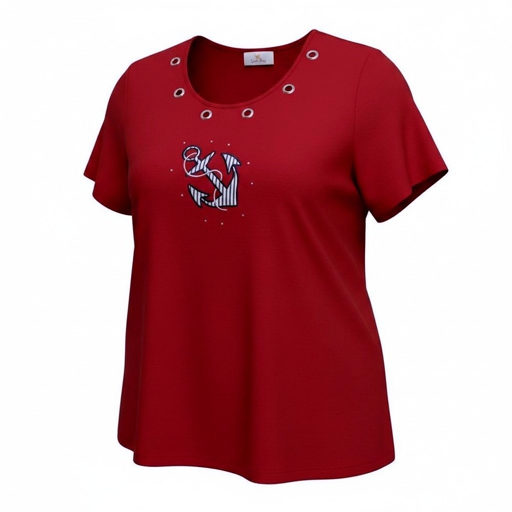 Quaker Factory Red Anchor Embroidered Eyelet Knit Top Nautical‎ Coastal Grandma